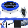 38-inch blue mini folding trampoline with protective cover, 32 strong springs, and six sturdy legs for safe fitness use.