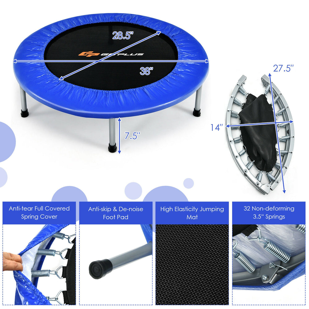 38-inch blue mini folding trampoline with protective cover, 32 strong springs, and six sturdy legs for safe fitness use.
