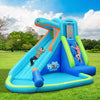 Inflatable hippo water pool with splash slide, featuring climbing wall and water cannon for summer fun.