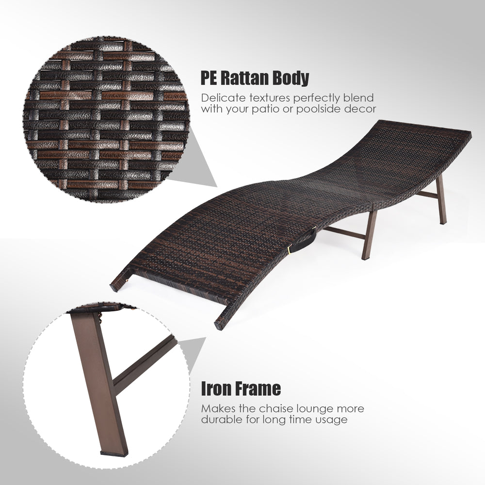 Folding patio lounger chair with PE rattan body and iron frame, perfect for poolside relaxation and easy storage.