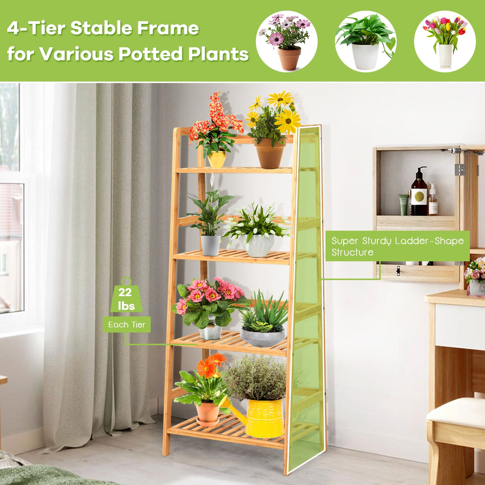 4-tier bamboo plant rack with guardrails, featuring a stable trapezoidal structure for organizing potted plants indoors.