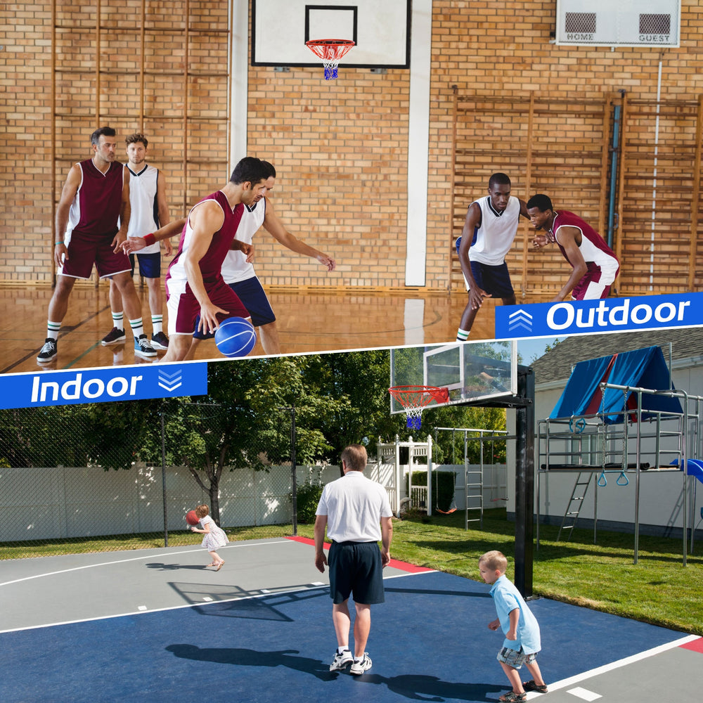18-inch red basketball rim with all-weather net, shown in indoor and outdoor settings for versatile play.