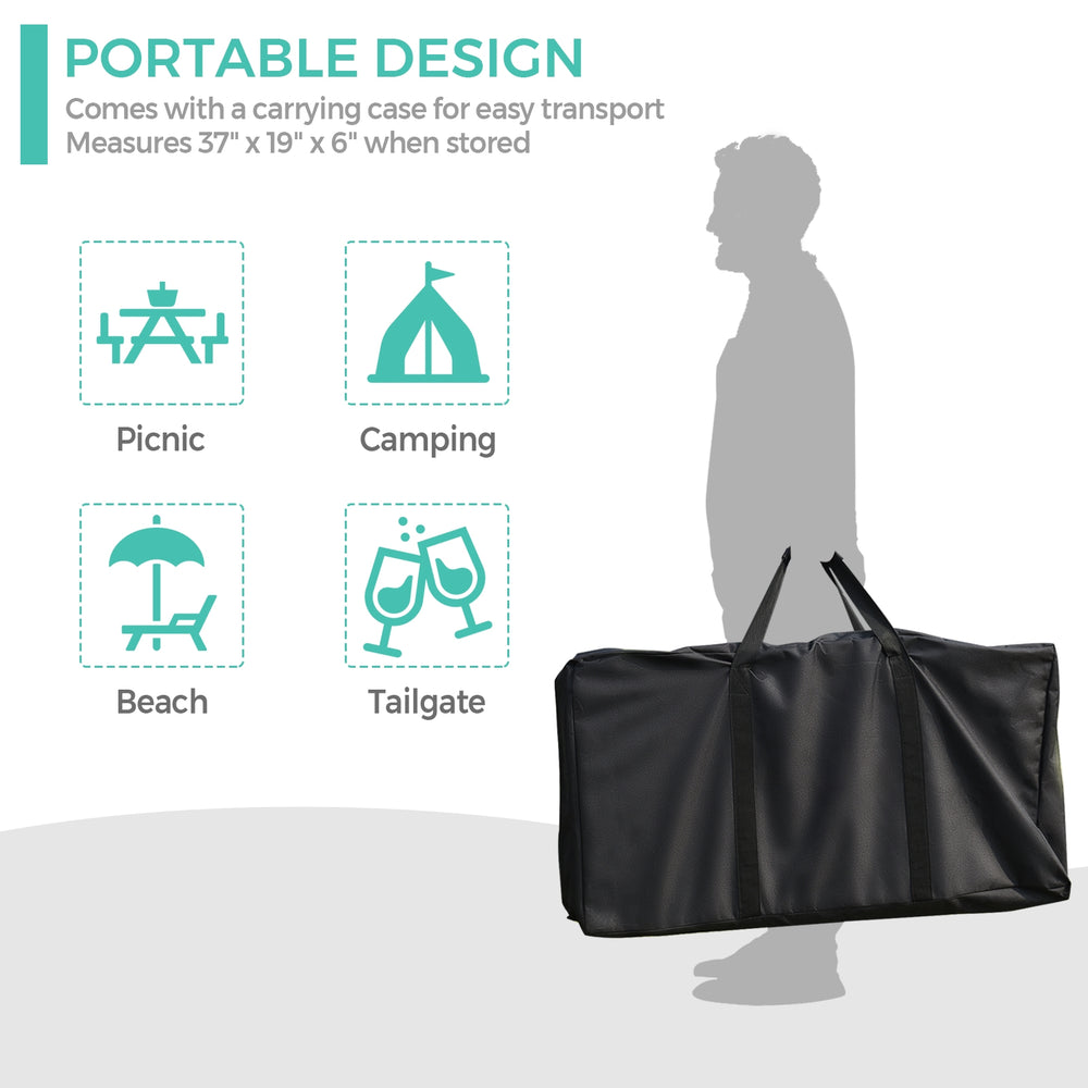 Foldable outdoor BBQ table with carrying case, featuring a heat-resistant aluminum countertop for easy transport and.