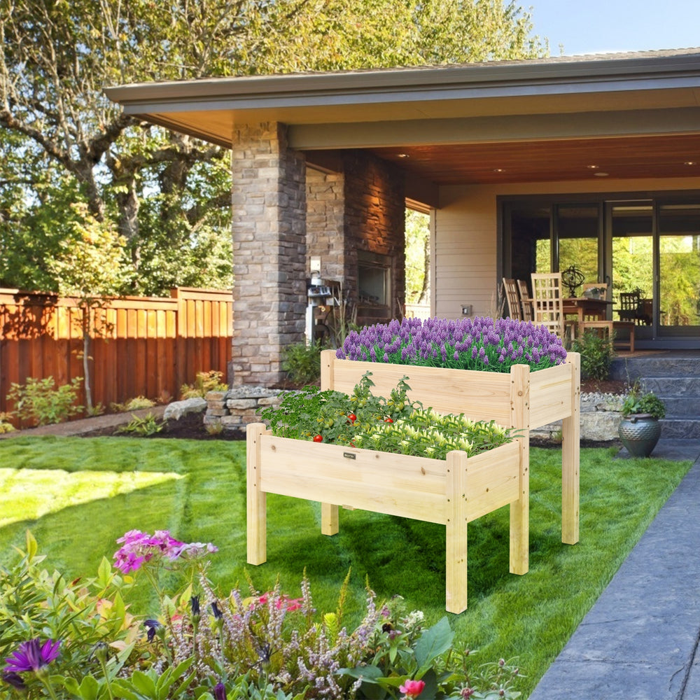 2 Tier Wooden Elevated Planter Box with Legs and Drain Holes for Balcony and Yard - Gallery View 1 of 14