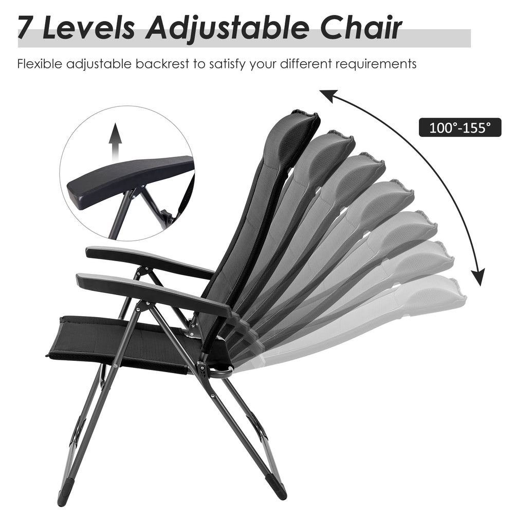 Adjustable backrest of portable black patio chair set, made of iron and nylon fabric, ideal for camping and outdoor use.