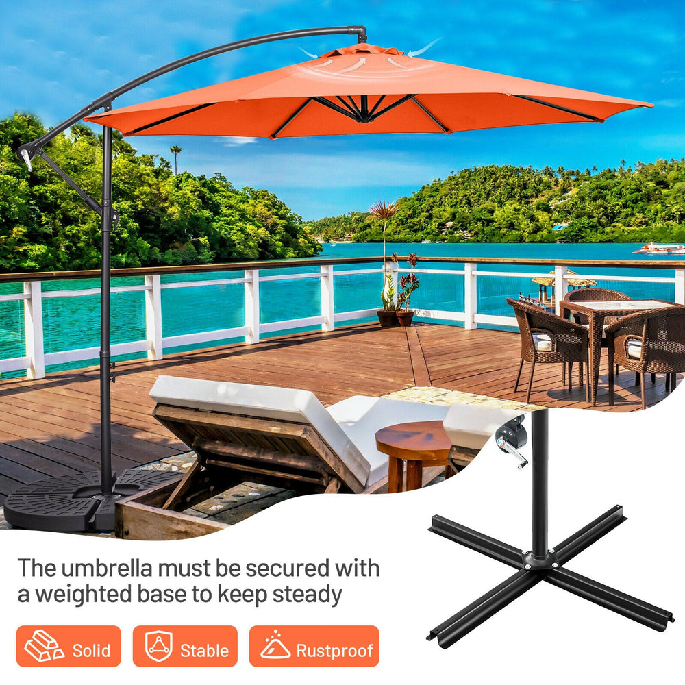 10 feet offset umbrella in orange with 8 ribs and cross base, ideal for providing shade on patios or decks.