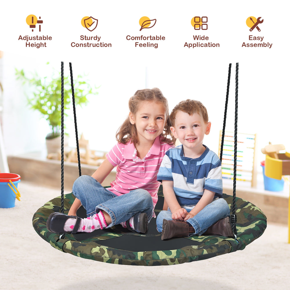 40-inch flying saucer tree swing with adjustable ropes, sturdy construction, and comfortable foam for outdoor play.