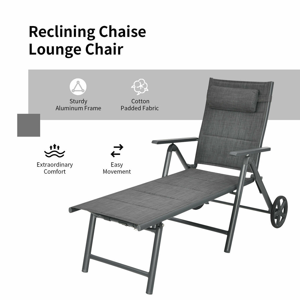 Gray patio reclining chaise lounge chair with adjustable neck pillow and sturdy aluminum frame for outdoor relaxation.
