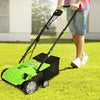 Electric scarifier with collection bag, 12 Amp motor, and adjustable depth for efficient lawn care and debris.
