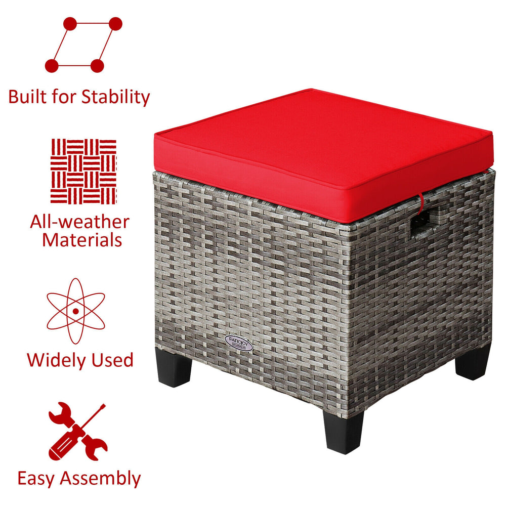 Red cushioned patio rattan wicker ottoman with durable PE rattan, ideal for outdoor use in gardens and backyards.