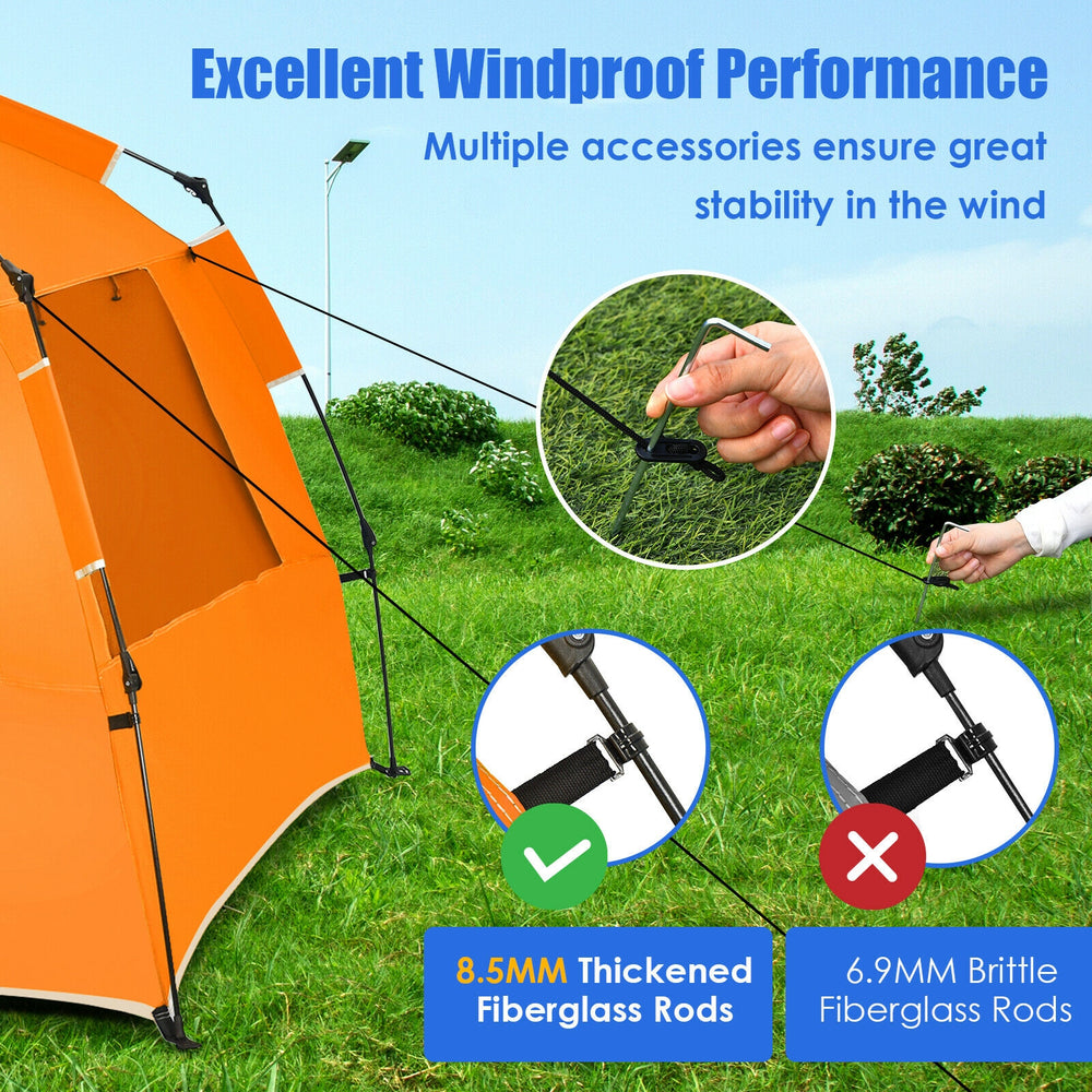 Orange 3-4 person pop-up beach tent with UPF 50+ protection, featuring sturdy fiberglass poles and windproof.