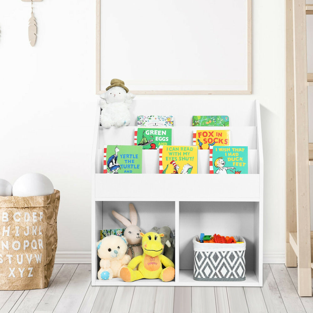 Children's wooden bookshelf in white with 3-tier shelves and 2 open compartments for organizing books and toys.