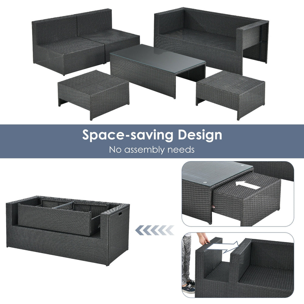 6-piece gray patio rattan furniture set with cushioned seats and glass table, perfect for outdoor relaxation and.