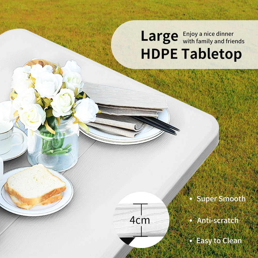 Large HDPE tabletop with smooth surface, perfect for outdoor dining and easy to clean, ideal for camping and gatherings.