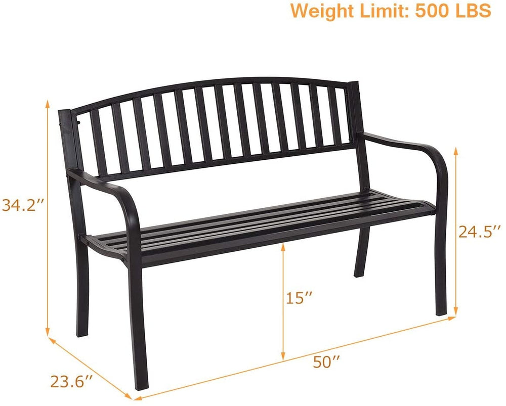 Dimensions of a 50-inch patio garden bench with a solid steel frame, showcasing weight limit and ergonomic design for.
