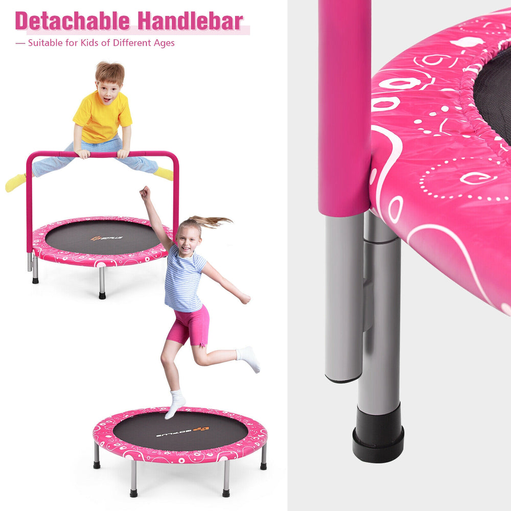 36-inch pink kids trampoline with detachable handlebar, padded cover, and sturdy steel frame for safe indoor and.