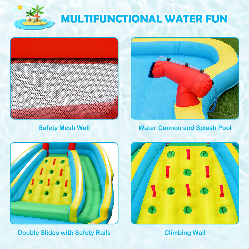 Inflatable water park featuring double slides, climbing wall, splash pool, and safety mesh for summer fun.