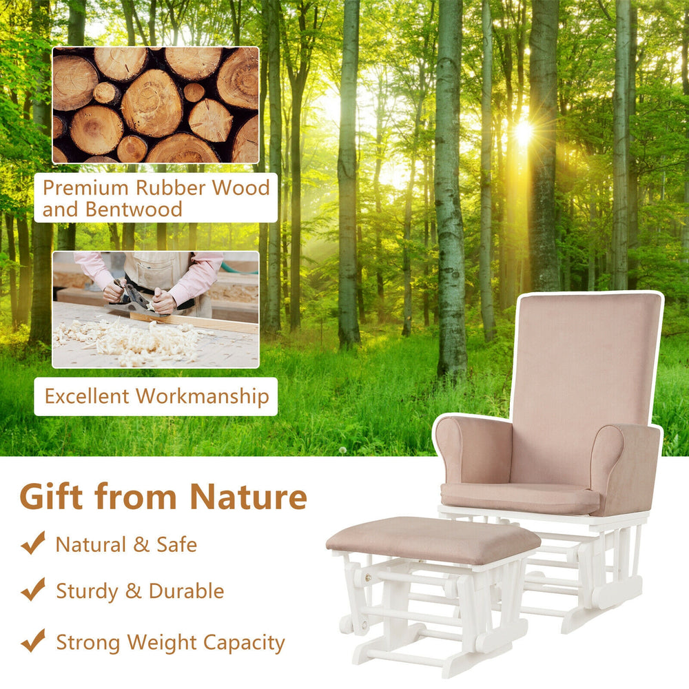 Pink baby nursery rocking chair glider and ottoman set with soft fabric, ergonomic design, and smooth gliding motion.