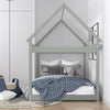 Gray kids platform floor bed with roof, sturdy wooden frame, and thick slats for stability, perfect for toddlers to.