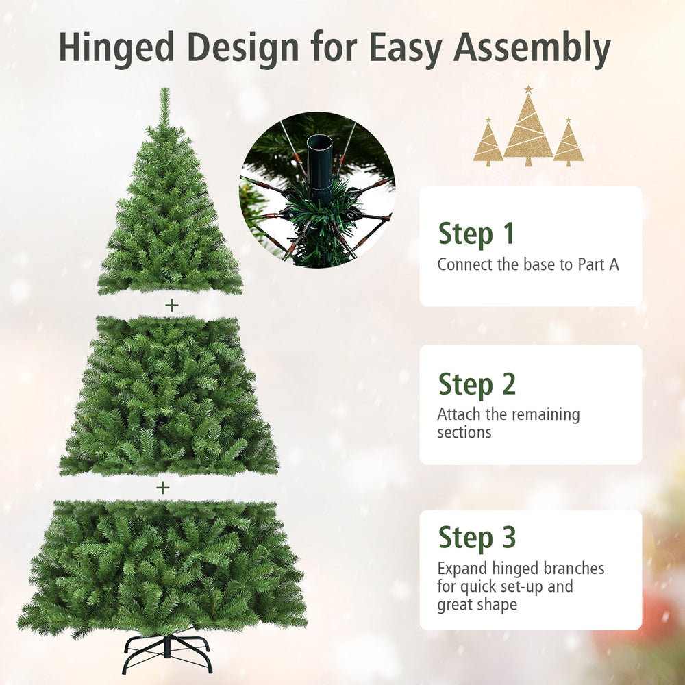 Hinged design for easy assembly of the 6 ft PVC artificial Christmas tree with 1346 tips for a full-bodied look.