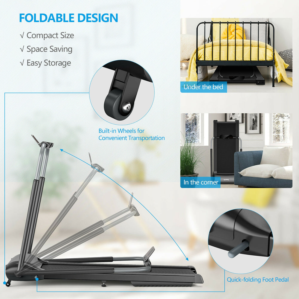 Compact folding treadmill with touch screen, showcasing its space-saving design and built-in wheels for easy transport.