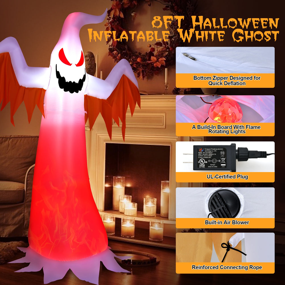8FT Halloween inflatable ghost with rotatable flame LED lights, designed for outdoor decoration and easy setup.