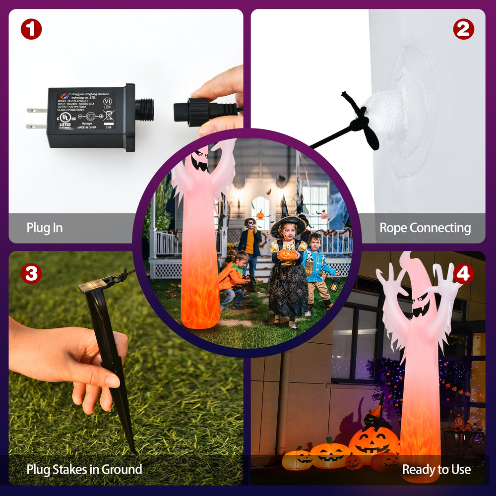 Step-by-step installation of the 12 feet Halloween inflatable ghost decoration with built-in LED lights for outdoor use.