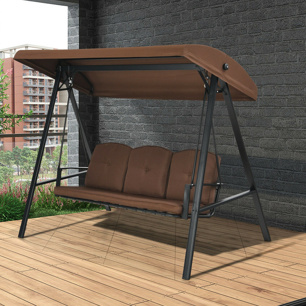 3-seat outdoor porch swing with adjustable canopy and removable cushions, perfect for backyard relaxation.