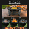 Outdoor fire pit with BBQ grill, high-temp finish, mesh cover, ideal for backyard gatherings and versatile use.