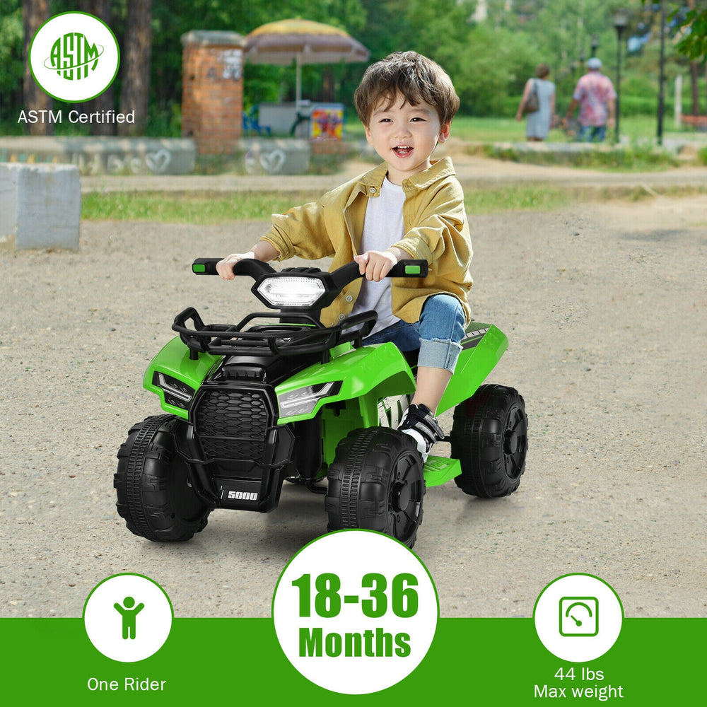 Kids 6V ATV quad electric ride-on car in green with LED light, suitable for ages 18-36 months, max weight 44 lbs.