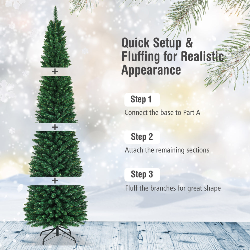 9-foot PVC artificial slim pencil Christmas tree with dense needles, ideal for small spaces and easy assembly.