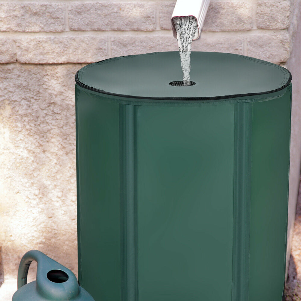 Portable 53-gallon collapsible rain barrel with zippered mesh cover for collecting rainwater in the garden.