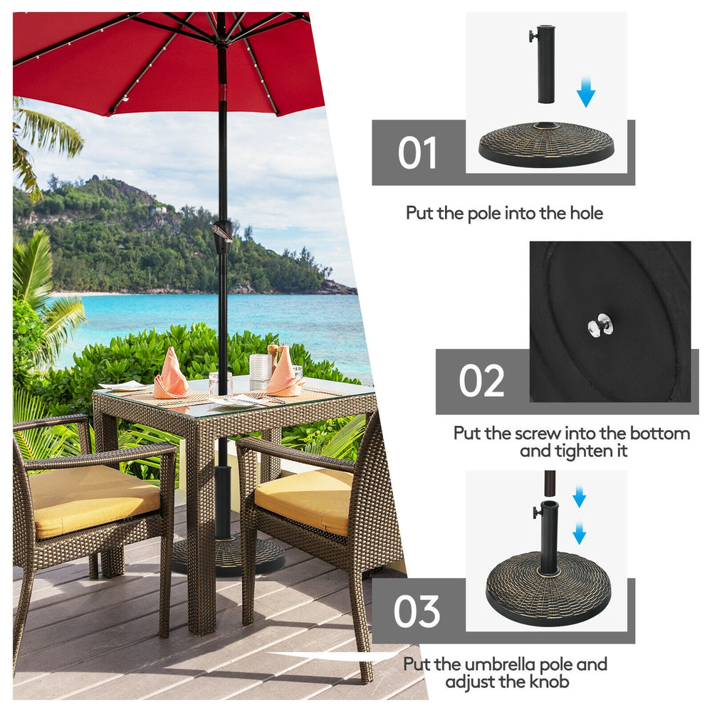 27 lbs patio market umbrella base stand with rattan design, featuring a hand-turning knob for easy adjustment.