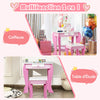 Kids wooden makeup dressing table and chair set in pink with mirror, removable top, and practical drawer for storage.