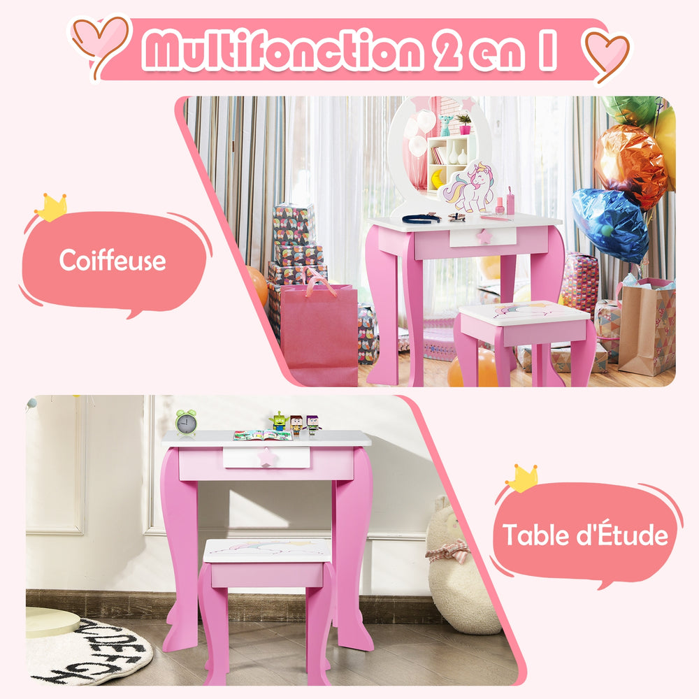 Kids wooden makeup dressing table and chair set in pink with mirror, removable top, and practical drawer for storage.