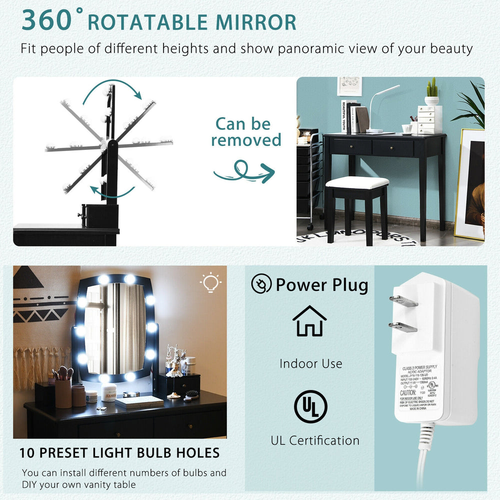 360° rotatable mirror with 10 dimmable bulbs on a black vanity table set for elegant bedroom or dressing room use.