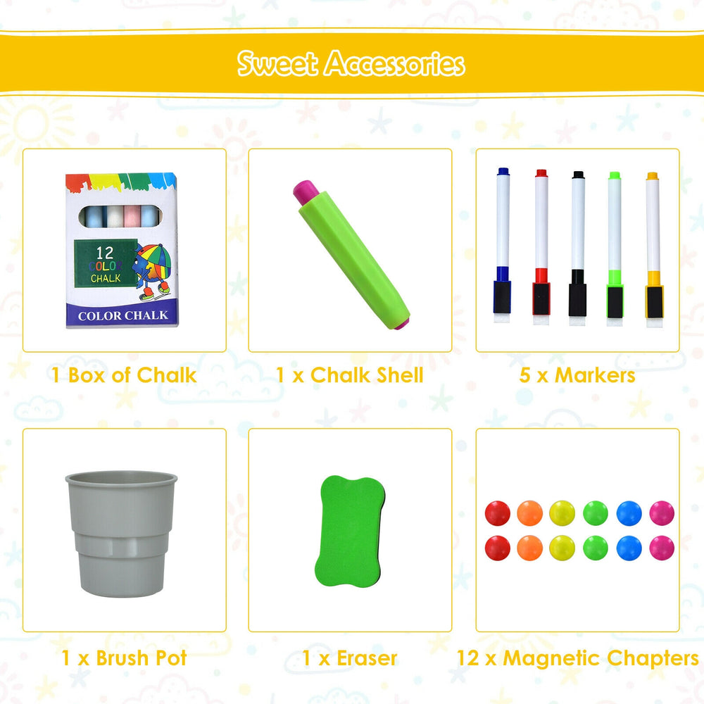 Colorful art accessories including chalk, markers, and eraser for the 3-in-1 kids' tabletop easel.