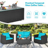 Turquoise cushioned patio sofa set with tempered glass coffee table, perfect for outdoor relaxation and stylish.