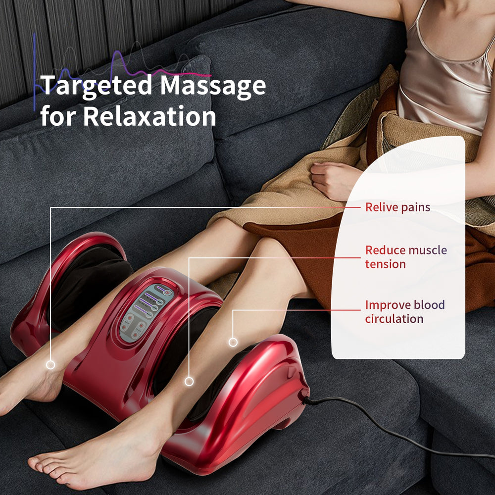 Therapeutic Shiatsu foot massager in red, featuring high-intensity rollers for targeted pain relief and relaxation.
