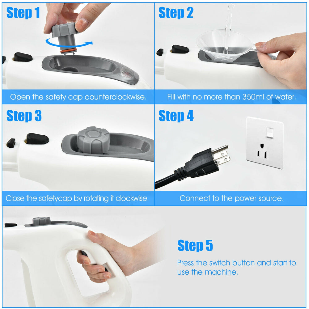 Multipurpose 1400W pressurized steam cleaner with safety features and transparent water tank for efficient.