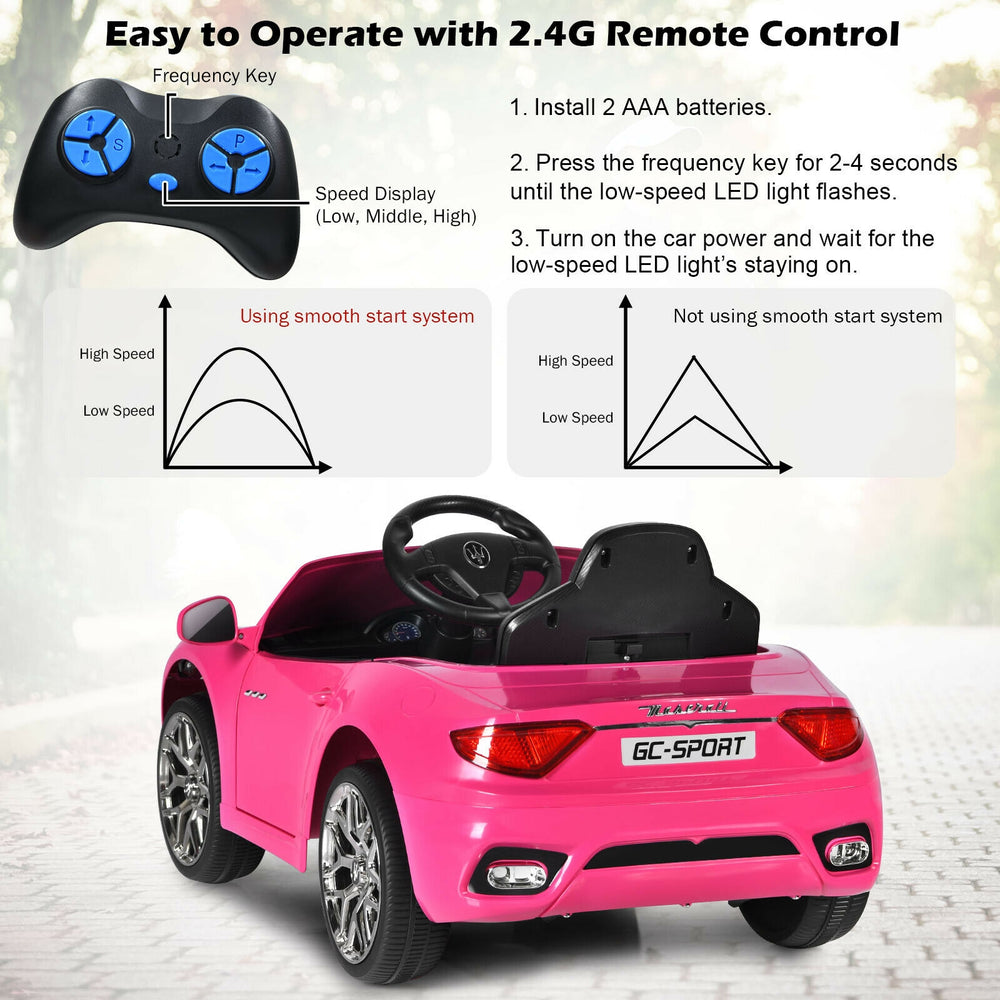 12V pink kids ride-on car with remote control, LED lights, and safety features for safe outdoor fun.