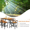 7-piece acacia wood patio bar set with 6 stools, featuring an umbrella hole, ideal for outdoor gatherings.