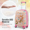 Kids rolling suitcase in pink with astronaut pattern, made of durable ABS material, lightweight and safe for travel.