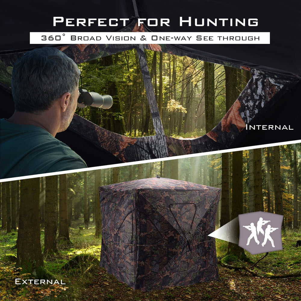 Portable deer pop-up camo hunting blind with 360° visibility, six full view windows, and lightweight fiberglass frame.