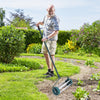 18-inch rolling lawn aerator with anti-slip handle, featuring sharp spikes for efficient aeration of various soil types.