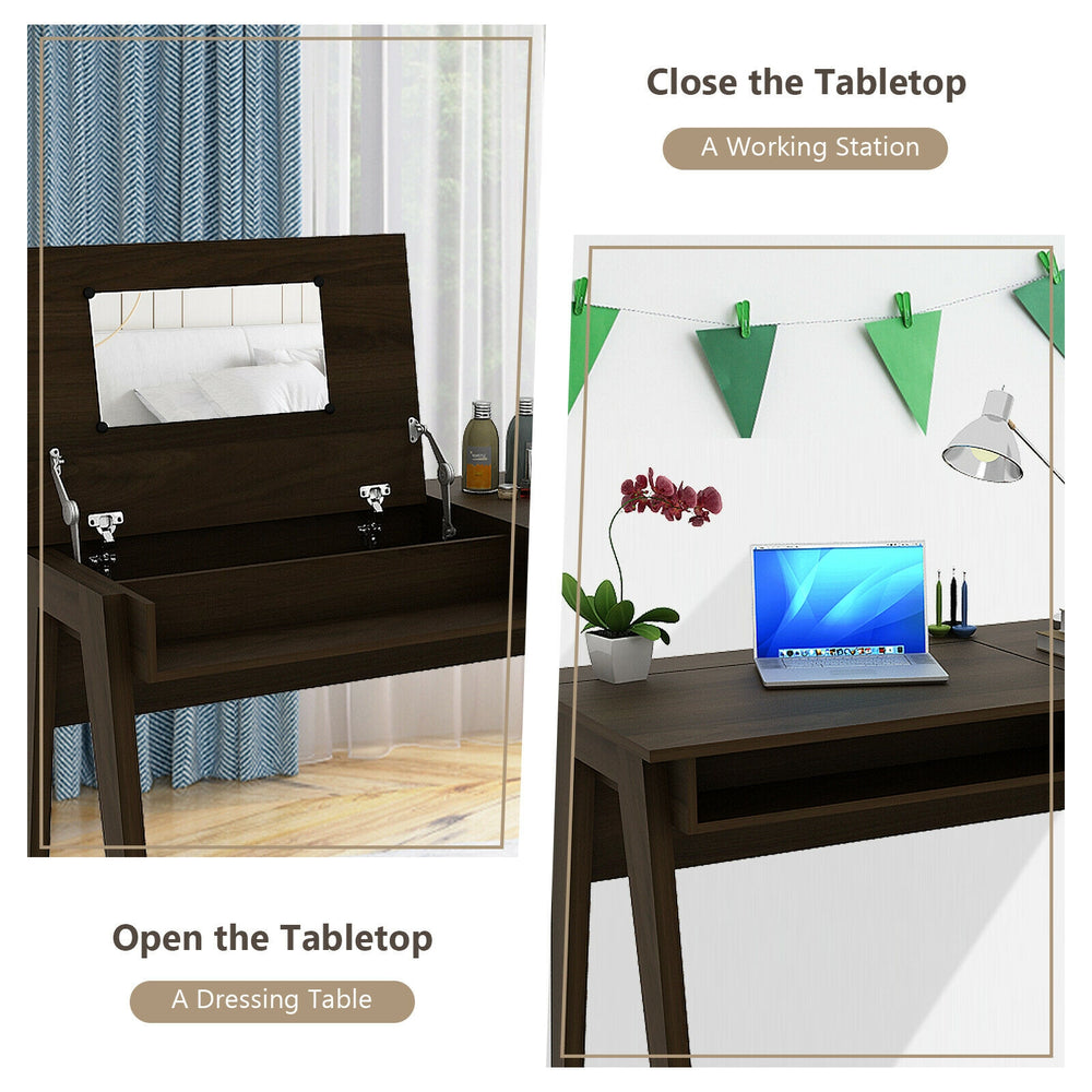 Dressing table with flip mirror and storage drawer, showcasing dual functionality for dressing and working.