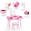 Pink makeup vanity table set with flip-top mirror, two drawers, and padded stool for stylish bedroom storage.
