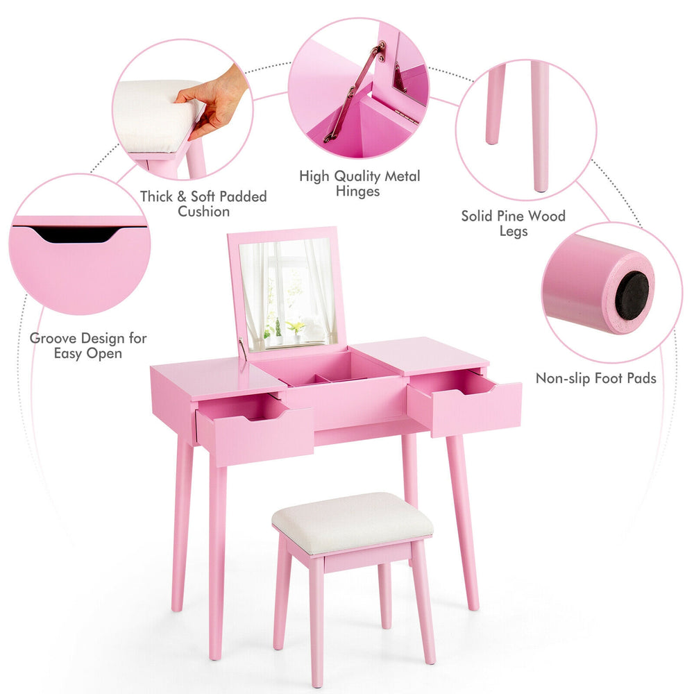 Pink makeup vanity table set with flip-top mirror, two drawers, and padded stool for stylish bedroom storage.