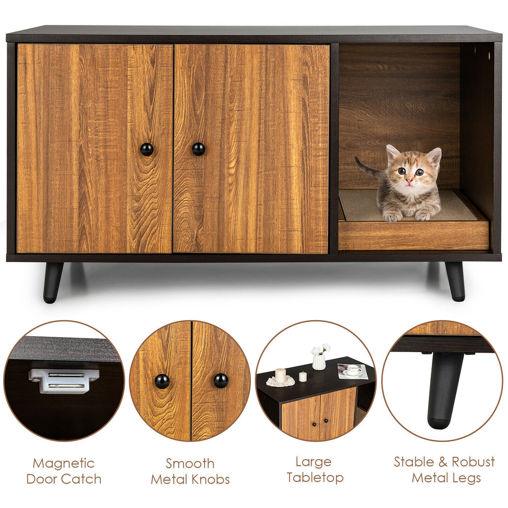 Cat litter box enclosure in coffee color with double doors, large tabletop, and sturdy metal legs for stability.