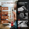 Electric wine opener set with stainless steel design, includes foil cutter and wine stoppers for easy bottle opening.